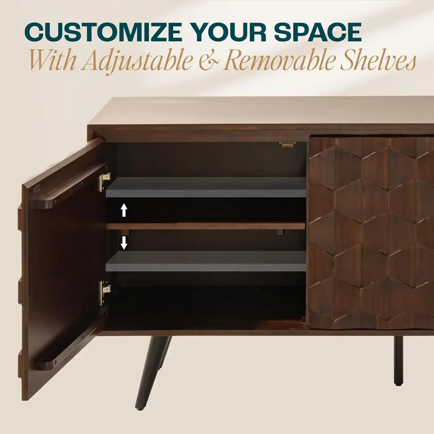 Sideboard Georgina Solid Wood 2 Doors & 3 Drawers, Cabinet with Geometric Pattern for Kitchen, Dining, Living Room