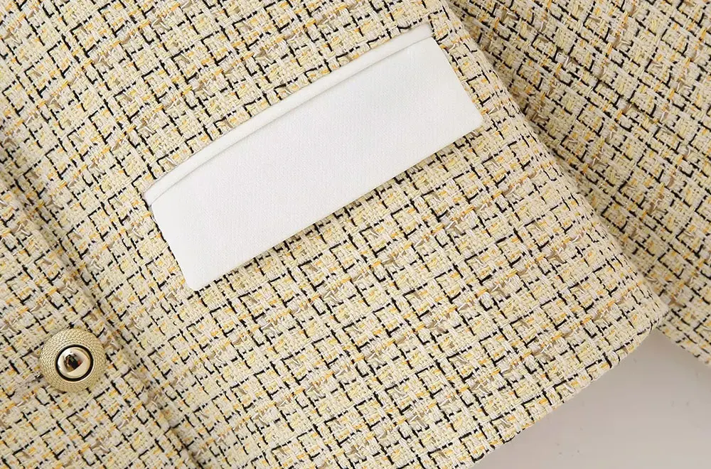 TRAF Women Blazers Fashion with Pockets Tweed Cropped Blazer Coat Vintage Long Sleeve Front Button Female Outerwear Chic Tops