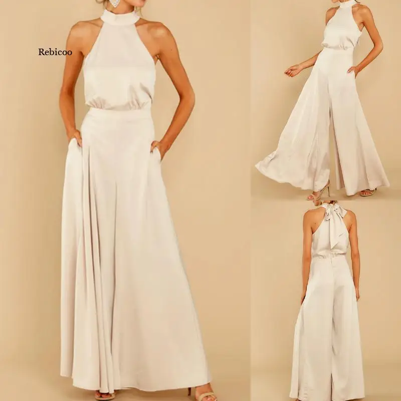 

Sexy Solid Color O-neck Backless Romper High Split Sexy Jumplsuits Sleeveless Jumpsuits Ladies Casual Wide Leg Pants Rompers