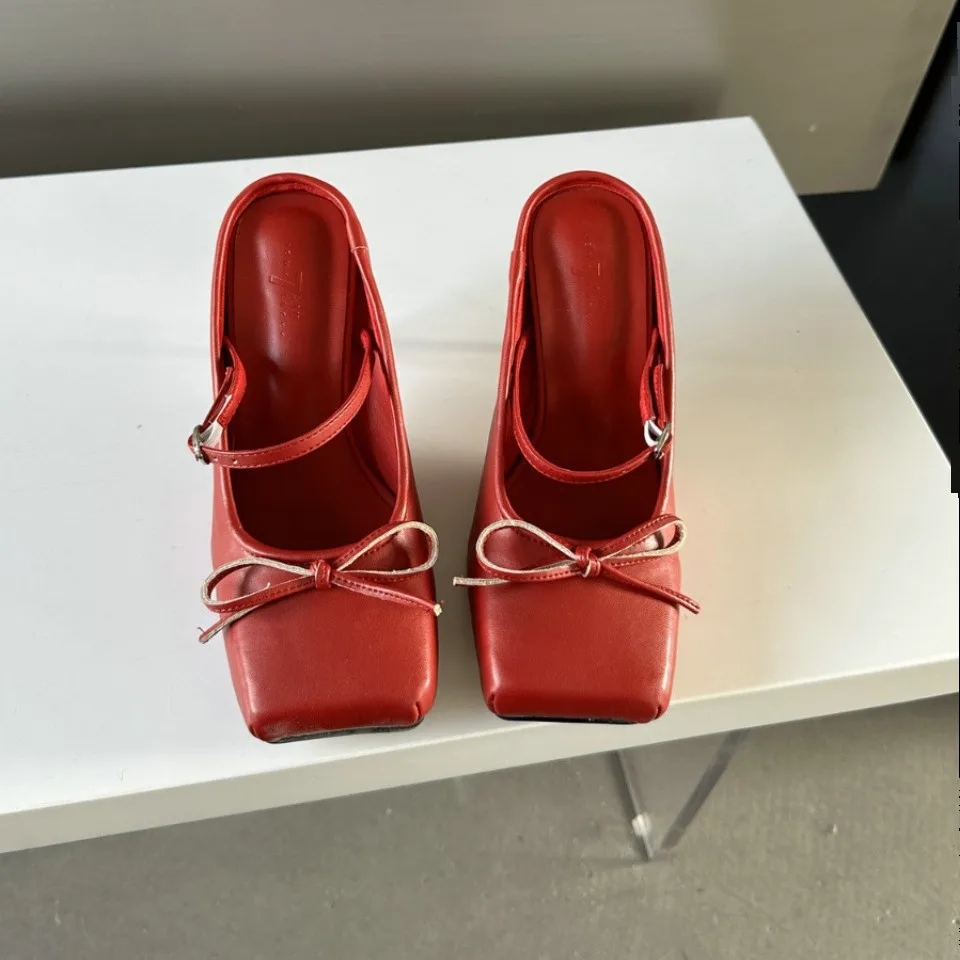 Summer New Fashionable Square Headed Bow High Heel Slippers Women's Back Hollow Thin Heel Baotou Muller Slippers