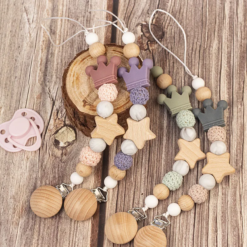 Name Wooden Personalized Baby Pacifier Chain Silicone Bead Dummy Nipple Holder Guard Teether Pendant Newborn Gift Stuff
