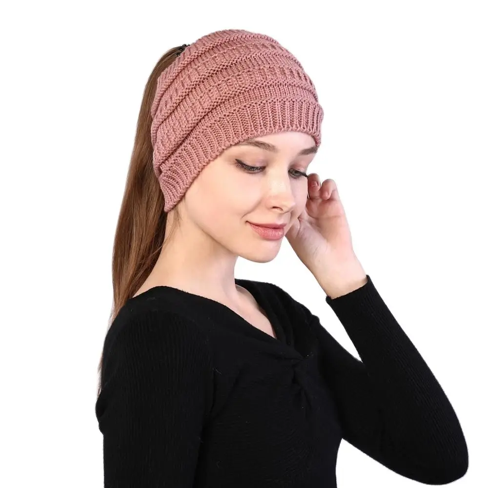 

New Women Autumn Winter Ponytail Beanie Hat Solid Color Lady Stretch Knitted Crochet Beanies Hat Cap For Women