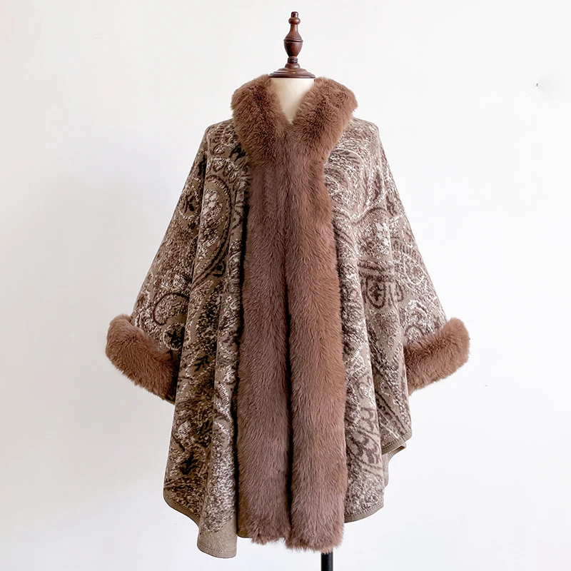 Winter New Thicken Mink Wool Full Trims Faux Fur Cape - Women's Hooded Loose Fleece Cloak Coat for Party Dress Wraps Warm
