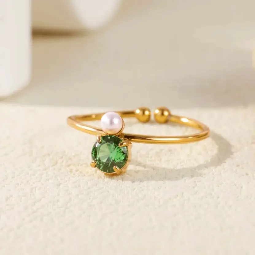 Round Zircon Pearl Ring for Women Gold Color Stainless Steel Adjustable
