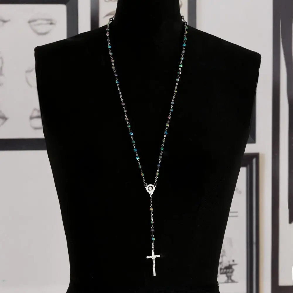 Zinc Alloy Crucifix Necklace with Crystal Beads