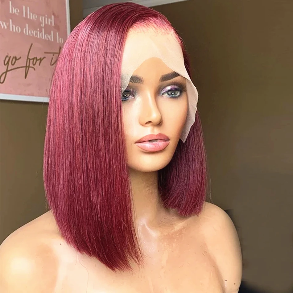 

99J Straight Bob Wigs Short Human Hair Wigs Burgundy Red Human Hair Straight Hairline 13X4 Lace Human Hair Bob Wigs For Women