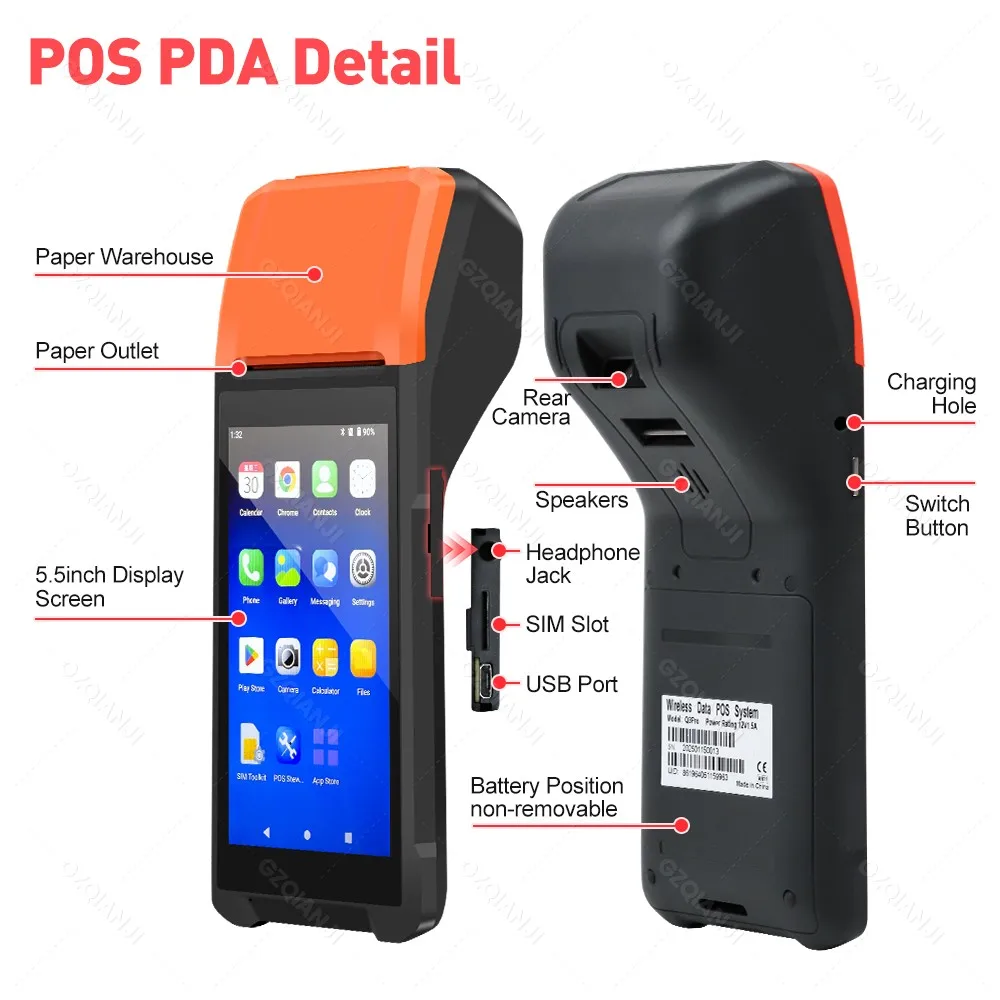 안드로이드 11/12 휴대용 단말기 POS 프린터(58mm 휴대용 열전사 프린터 포함) WiFi 블루투스 모바일 청구서 티켓 프린터 3G/4G