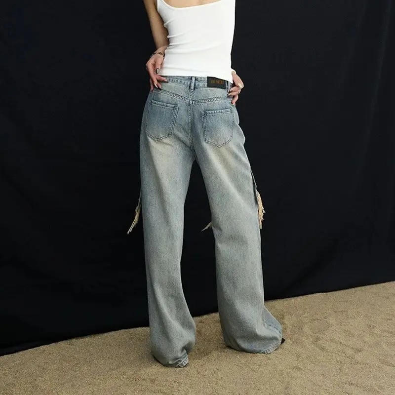 Jean tendance femme printemps-automne, style streetwear, avec empiècements, coupe ample décontractée, jambe large et droite