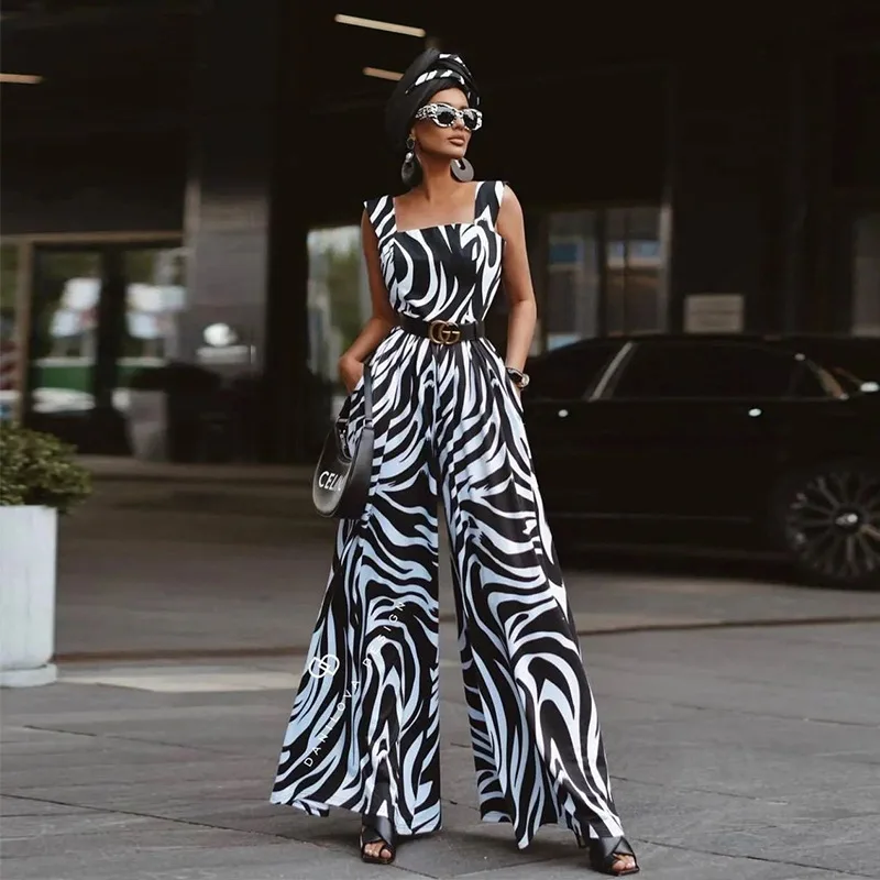 

Wepbel Women's Summer Jumpsuits Printed Sling Loose High Waist Tank Top Rompers Jumpsuit Wide Leg Trousers Casual Jumpsuit