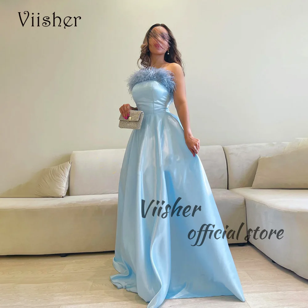 

Viisher Sky Blue Satin A Line Evening Dresses Feather Strapless Long Celebrate Prom Dress Dubai Arabia Formal Party Gowns