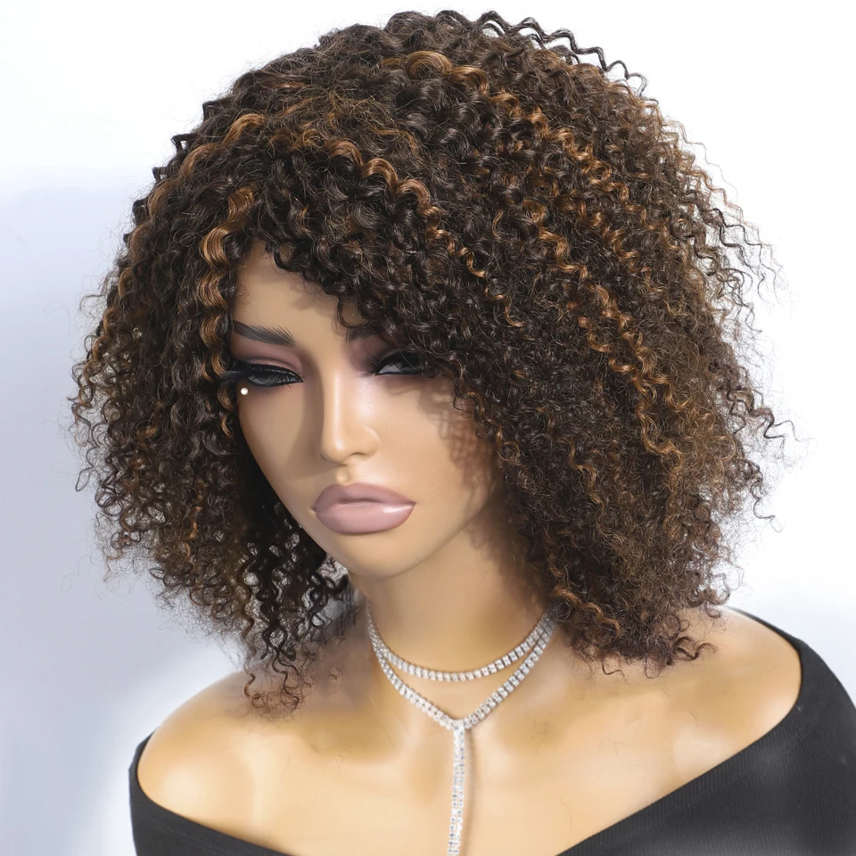 

Short Curly Bob Human Hair Wigs With Bangs Full Machine Made Wigs Highlight Honey Blonde Colored Wigs For Women Cheap Remy Hair