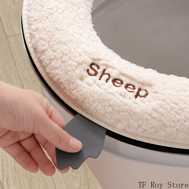 Cartoon Sheep Zipper Toilet Mat Lamb's Wool Toilet Seat Cover Universal Waterproof Toilet Seat Cushion Bathroom Accessories 3