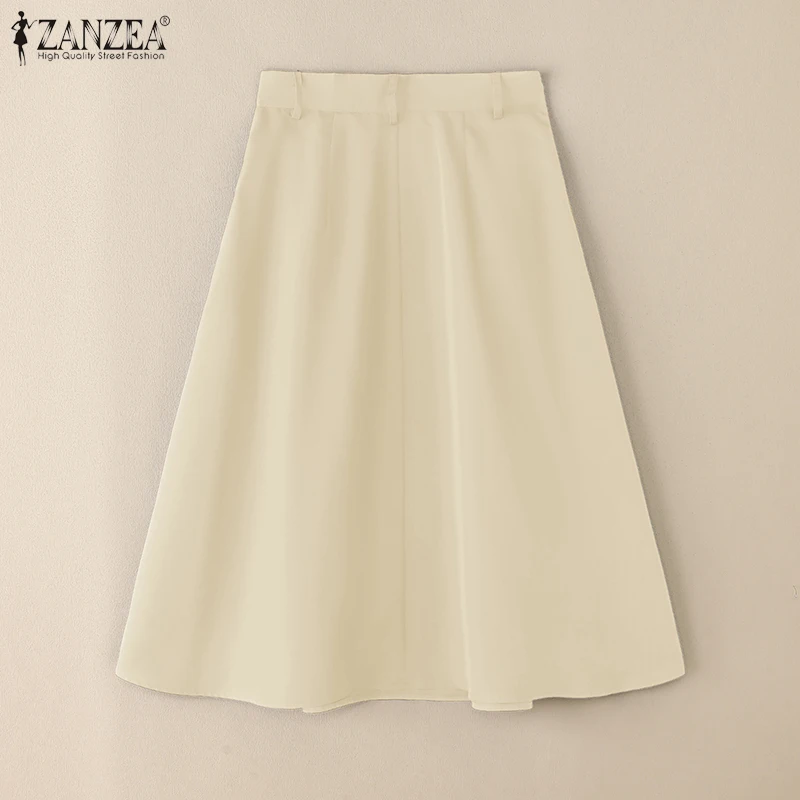 ZANZEA Summer Solid Midi Skirt Elegant Women High Waist Work OL Skirts Fashion A-line Jupes Stylish Party Faldas Saia Plus Size