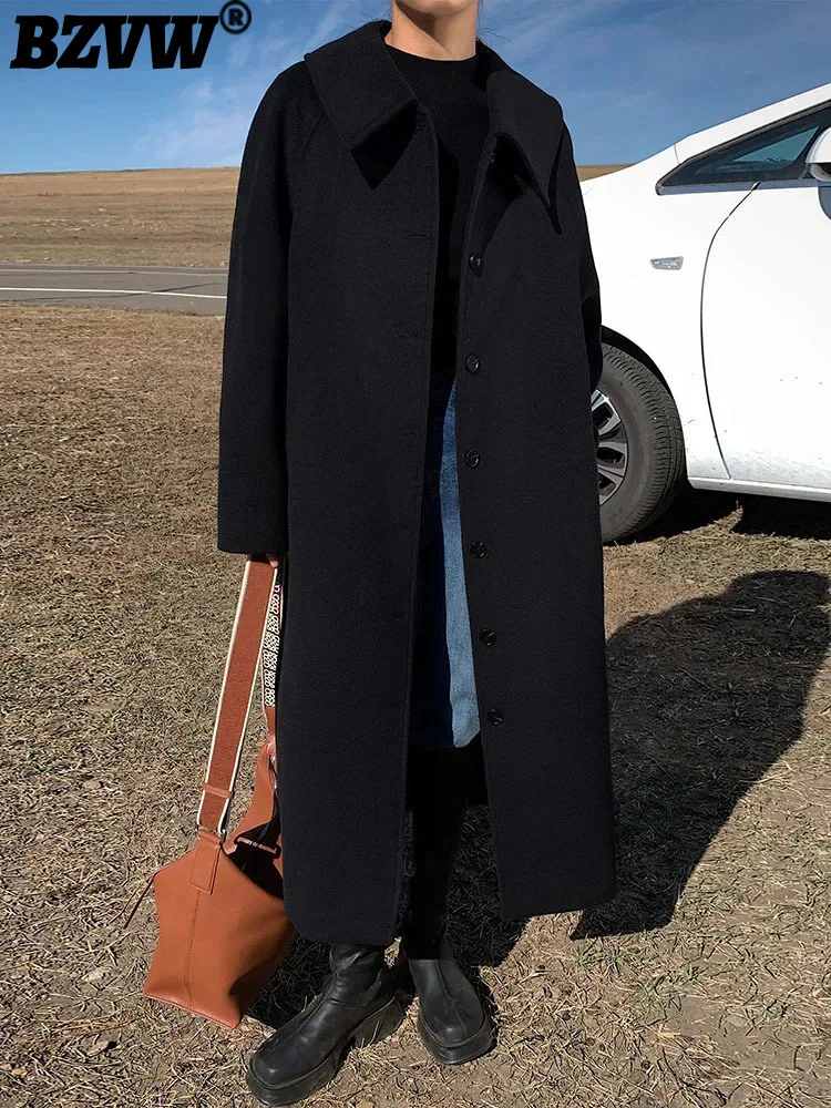 

BZVW Black Woolen Coat For Women Mid-length 2023 Autumn Winter New Trend High-end Loose Fashion Overcoat Female Tide 25X3739