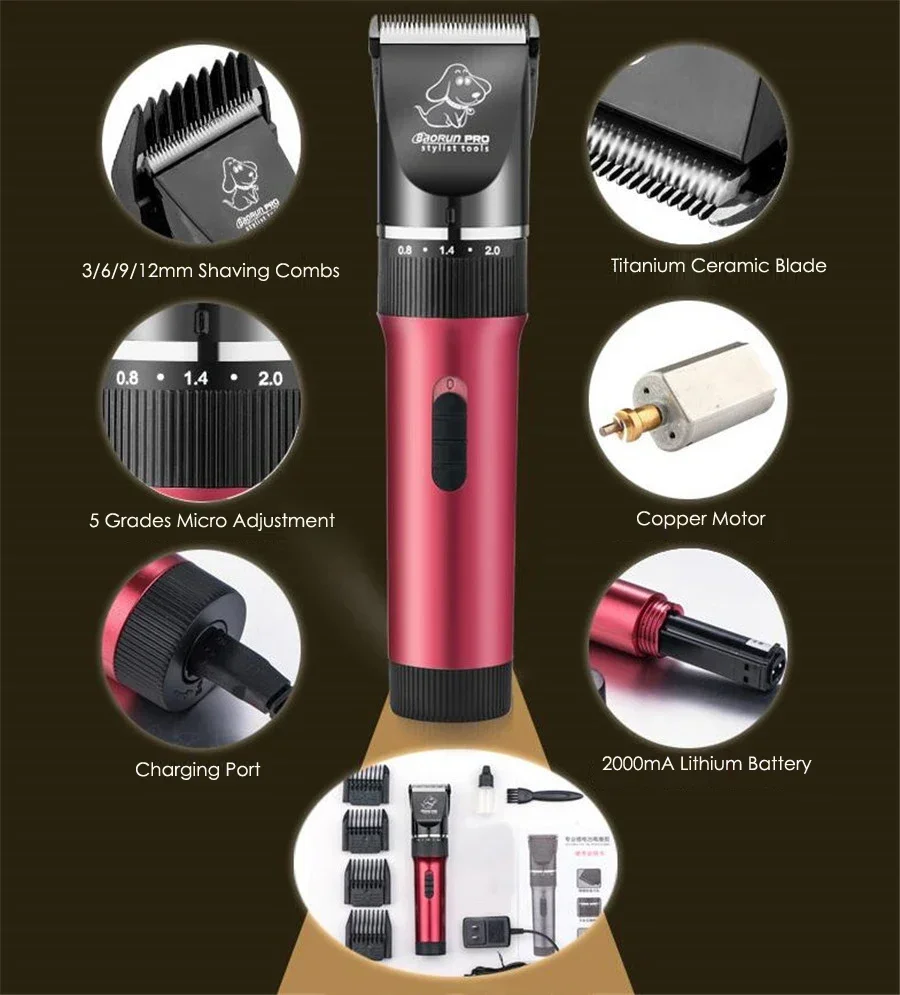 BaoRun P6 Professional Rechargeable Pet Clipper Dog Hair Trimmer Hair Remover Dog Grooming Machine 3/6/9/12mm Blades Optional