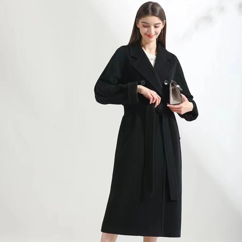 2023 Winter New Women High-End Temperament Double-breasted Woolen Coat Female Fashion Lapel Solid Color Long Casual Outwear