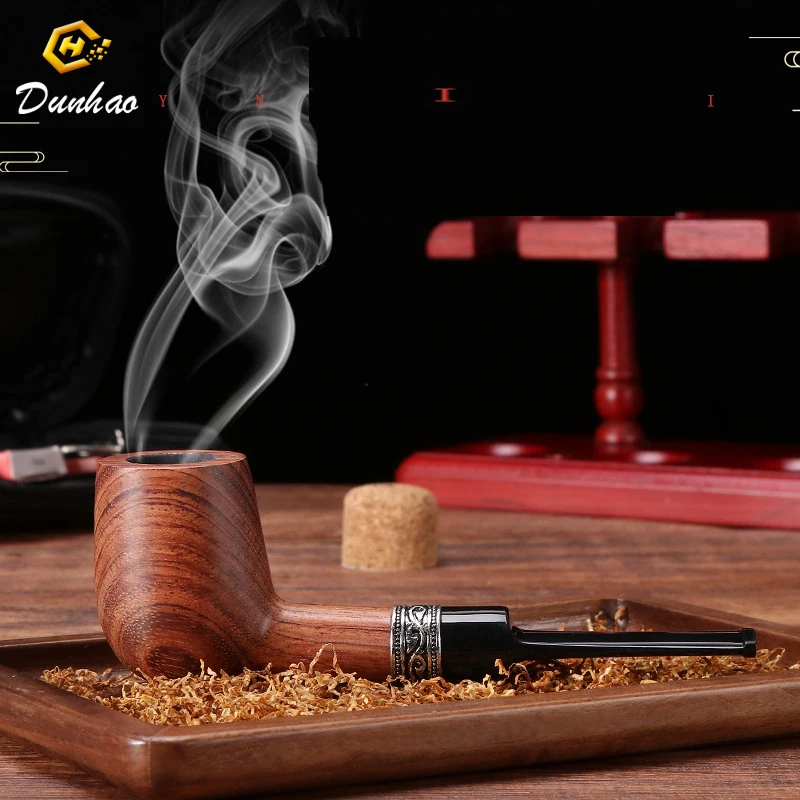 Tobacco Pipe Ebony Wood 9mm Filter Flue Tobacco Pipe Retro Gentleman Bent Type Handle Handmade Smoking Pipe With Accessory Old Dad's Gift Herb Smoking Pipe Handicraft Pipe