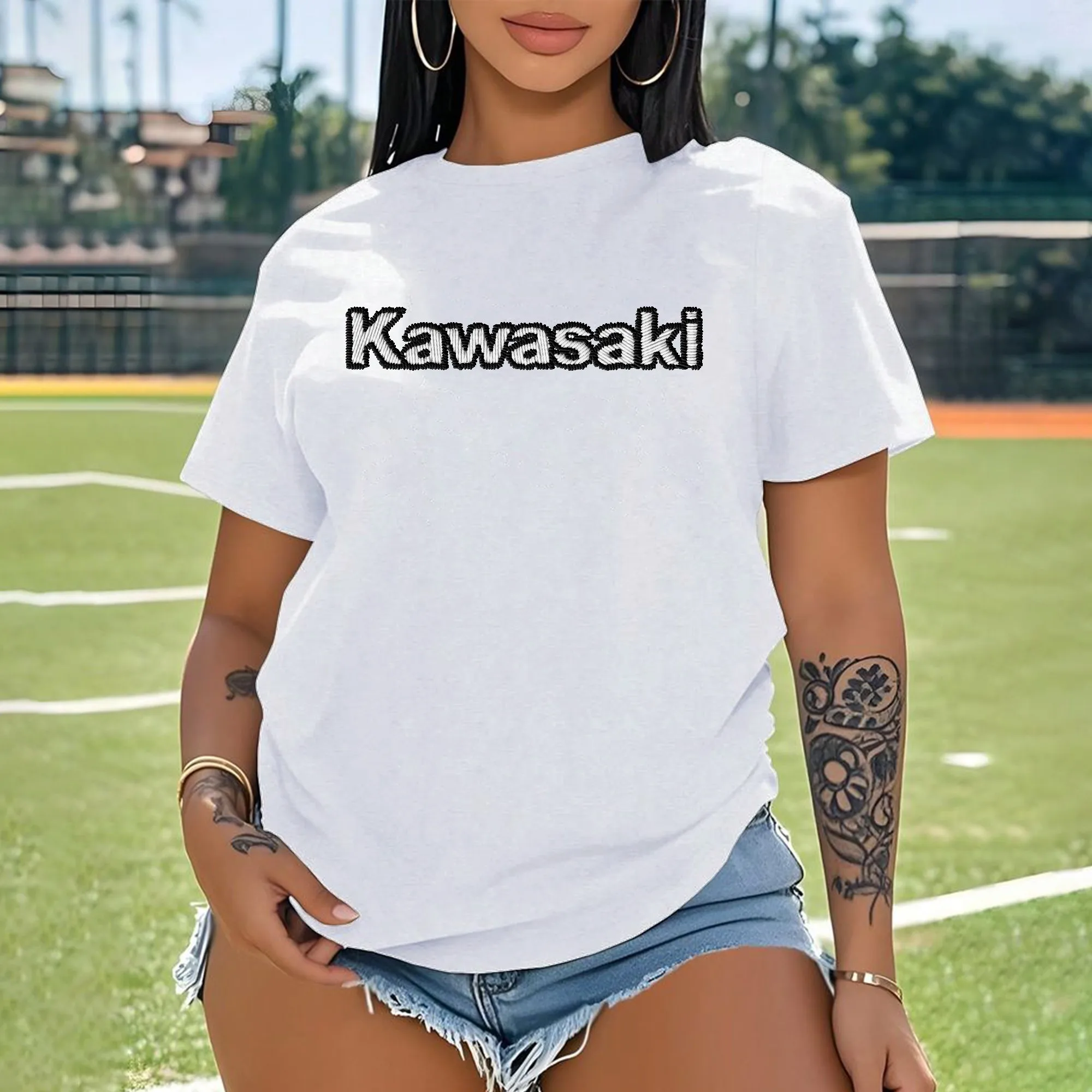 Camiseta de algodón peinado Kawasaki con estampado 3D bordado para