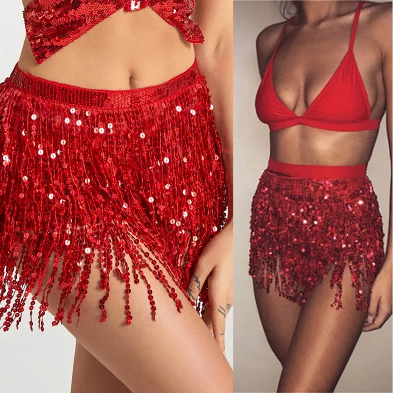 Sexy Bauchtanz Pailletten Quaste Kette Gürtel Mini Rock Bühne Leistung Club Indische Latein Hula Tänzer Wrap Strand Hüfte Taille Schal – Detail 18
