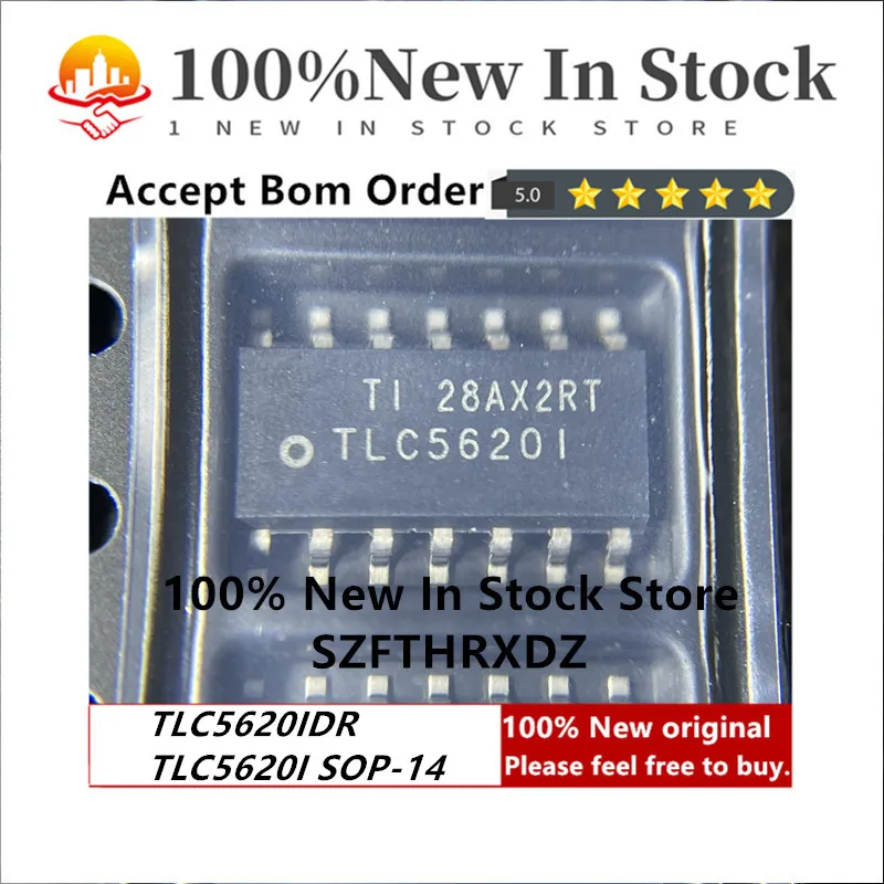 

Новинка 100%, оригинальный tlc5620чарт СОП-14 TLC5620I SOP14 DAC 4-канальный резистор, 8 бит, 14-контактный (10 шт.)