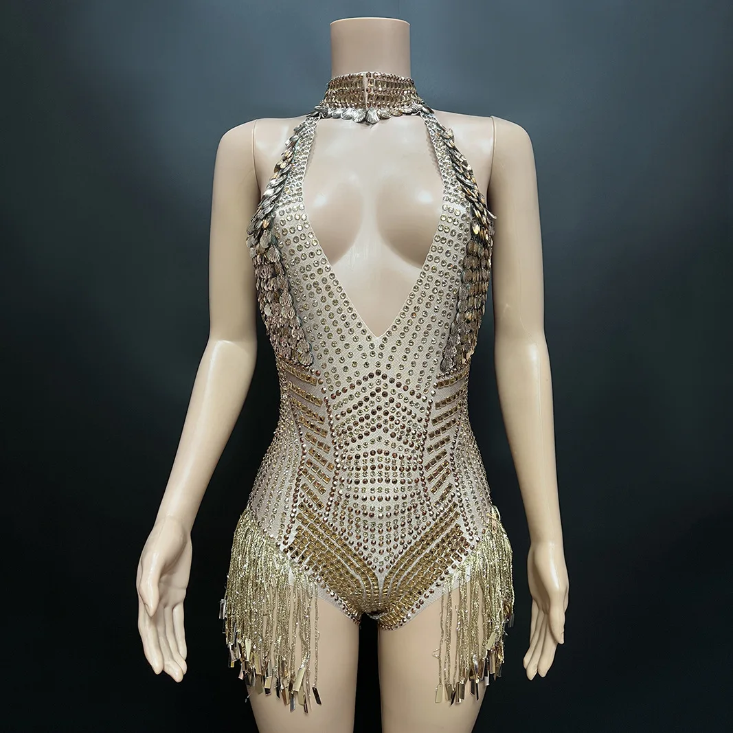 Flashing Gold Rhinestones Sequins Fringes Bodysuit Birthday Celebrate Evening Costume Sexy Sleeveless Dance Performance Leotard