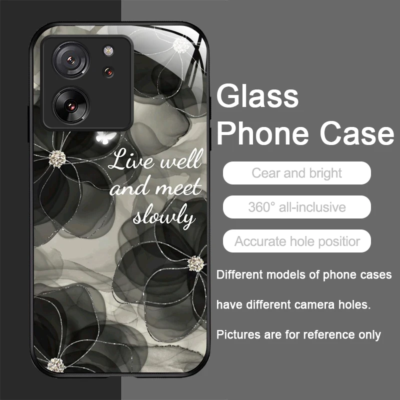 Luxury Black Rose Flower Tempered Glass Phone Case - Elegant Hard Cover