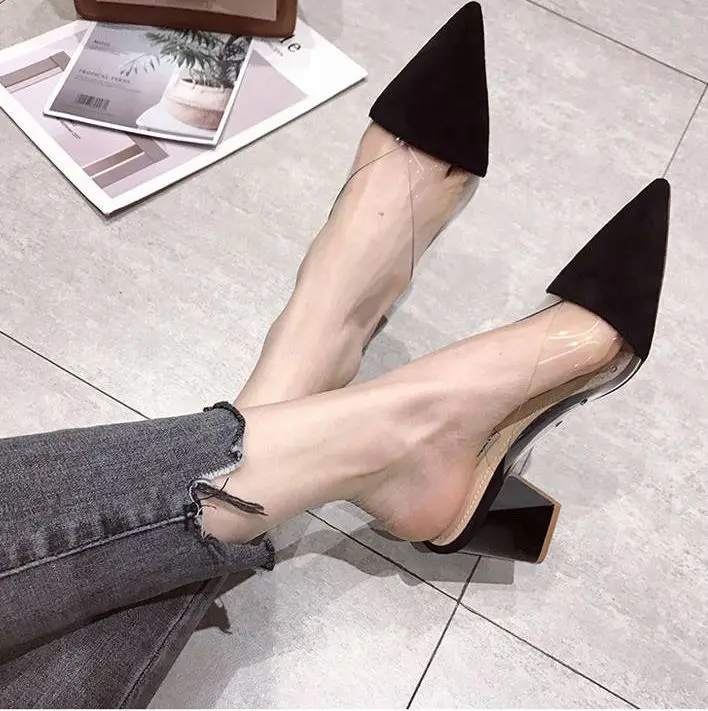 Summer Women's Pointy High Heels Half Support Transparent Fashion Thick Heel Sandals Root Women's Shoes