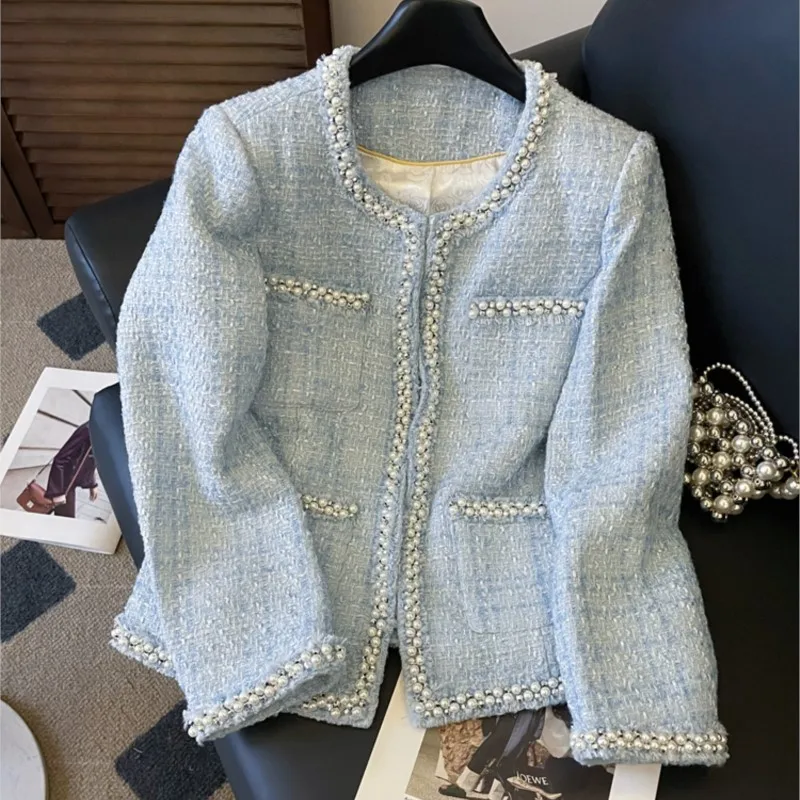 

Light Blue Women's tweed jacket fragrance, autumn/winter jacket short top, new One piece classic jacket