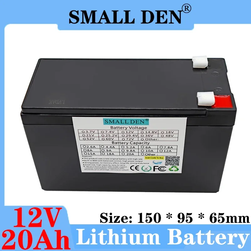 

12V 20Ah 18650 Li-ion Battery Pack 3S6P Built-in 20A Balanced BMS for 12V Toy Cars Lights Backup Power +12.6V 3A Charger