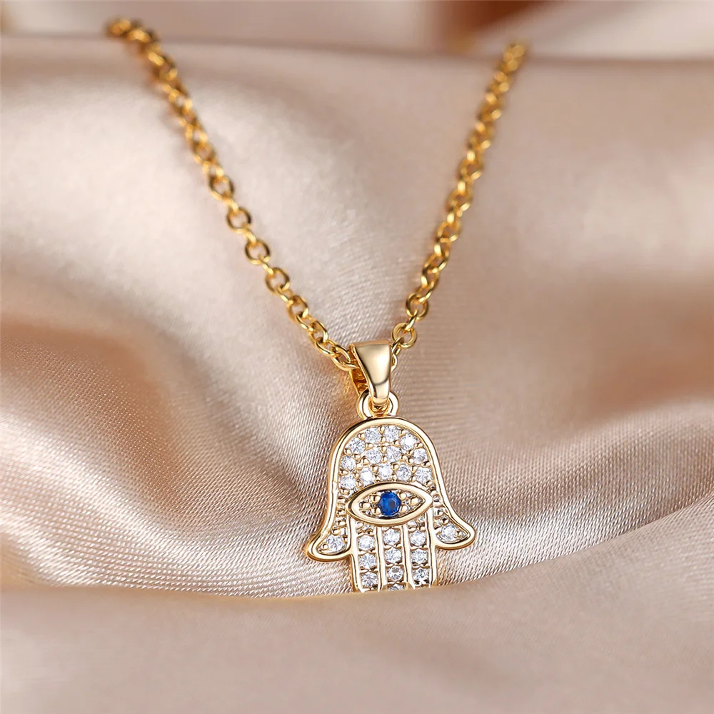 Female Crystal White Blue Zircon Stone Hand Pendant Necklace Vintage Gold Color Wedding Jewelry For Women