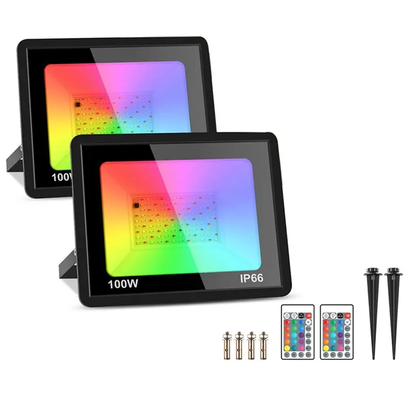 A98E-16 팩 100W RGB LED 투광 조명 IP66 방수 색상 변경 투광 조명, 파티, 할로윈용 리모컨 포함 220V