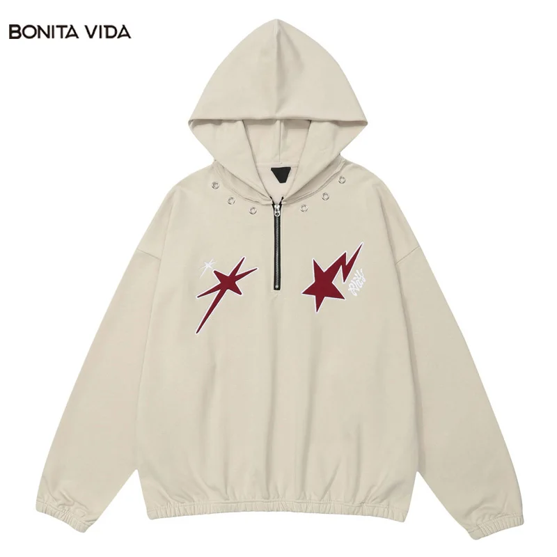 

Hip Hop Half Zipper Hoodie Embroidery Star Pullover Hooded Sweatshirt Streetwear 2023 Men Harajuku Fashion Punk Loose Hoodies