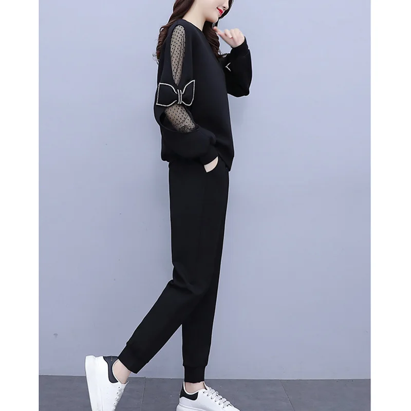 봄 가을 여성용 투피스 세트 플러스 사이즈 캐주얼 O 넥 긴 소매 스웨터 탑과 바지, 운동복 스포츠 아웃웨어 의류