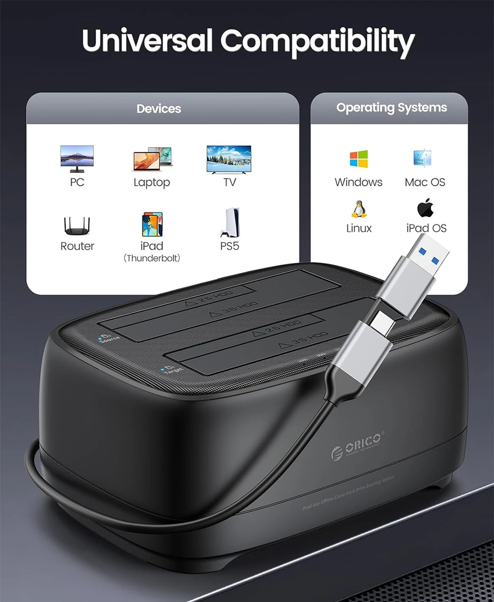 ORICO SATA HDD SSD 인클로저 하드 드라이브 도킹 스테이션, 2.5 인치, 3.5 인치, 2 베이 복제기, 오프라인 복제, USB3.2 C 타입 외장 HD 케이스