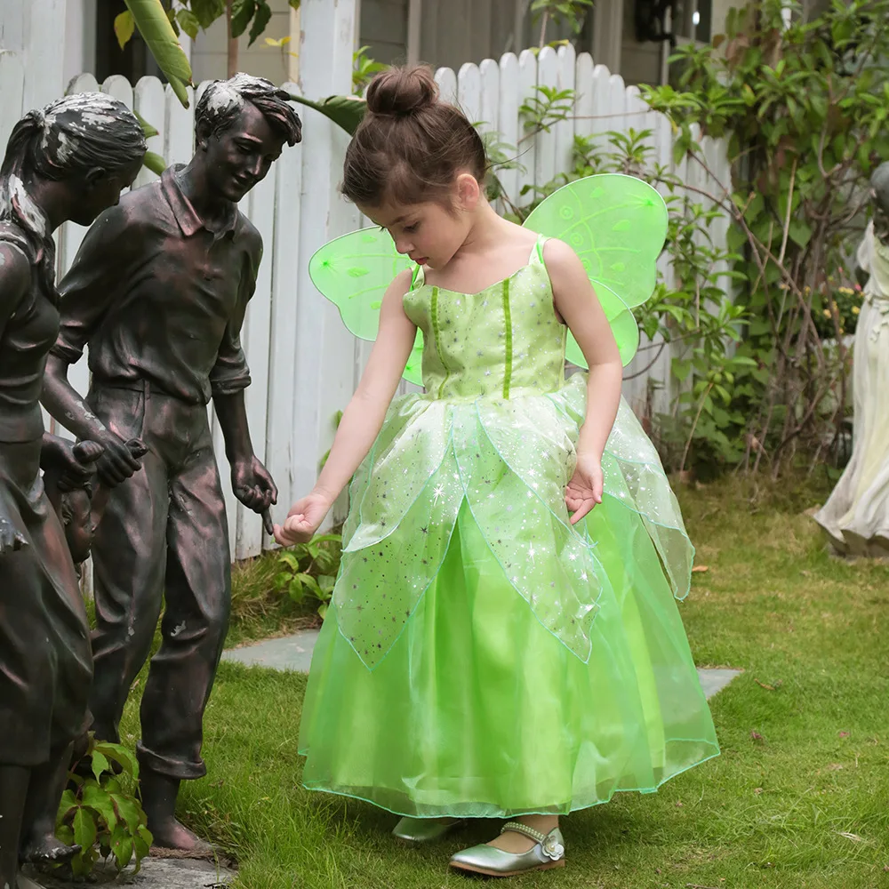 FairyTinker Bell Girls Princess Halloween Cosplay Baby Party Green Flower Fairy Children's Costume Butterfly Wings Set