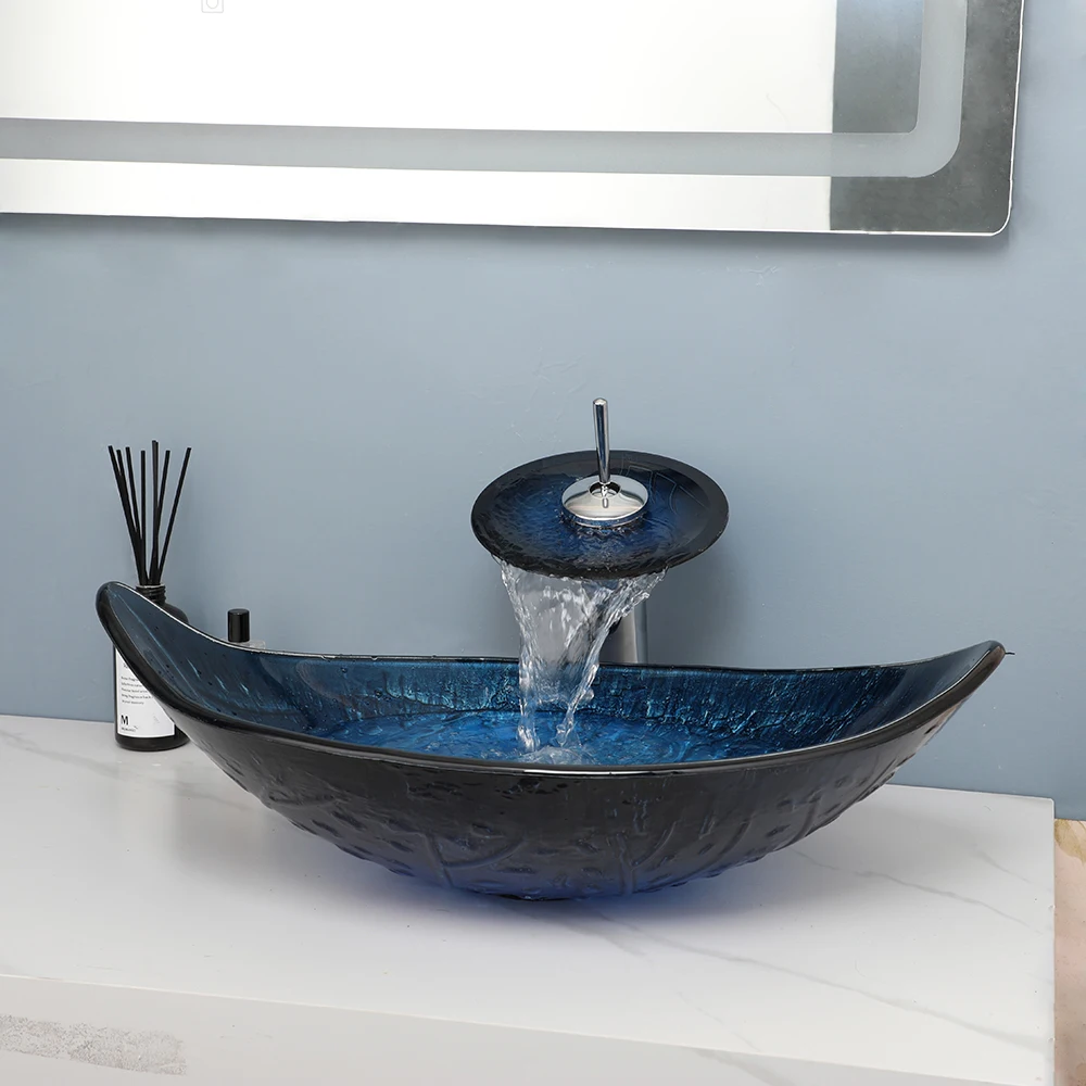 MONITE Leaf Style Bathroom Sink Faucet Set 3 Color Styles Tempered Glass Hand Painted Washbasin W/ Waterfall Tap & Pop-up Drain 3