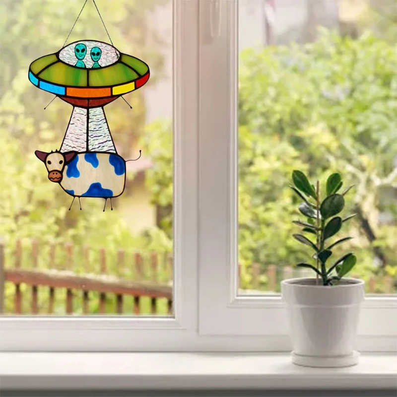 Painted UFO Pendant Cow Stained Glass Suncatcher Window Panel Door Hanging Garden Home Decoration