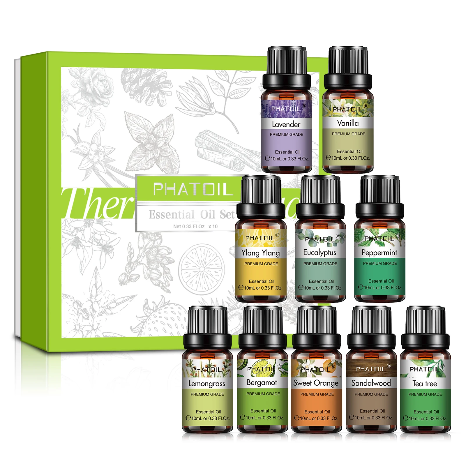PHATOIL Aromatherapy Bliss: Essential Oil Collection - Lavender, Eucalyptus, Bergamot, Vanilla, Sandalwood, Tea Tree (10ml Each)