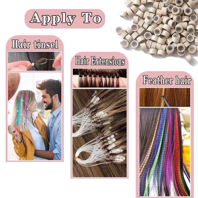 100/250Pcs 헤어 익스텐션용 마이크로 링 비즈 실리콘 라이닝된 멀티 컬러 링크 도구(인모 연장용)
