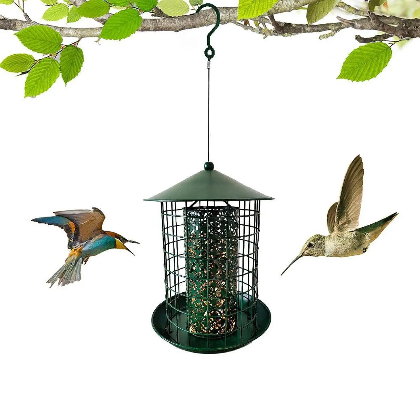 Metal Hanging Bird Feeder Green Birds Feeder,Rainproof Squirrel Proof Birdfeeder Bird Feeding for Outside,Lawn Balcony Garden