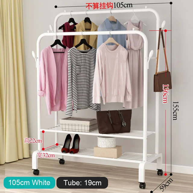 Garment Rack Floor Standing Clothes Hanger Double Pole Coat Rack Wardrobe Clothing Drying Rack Mobile Cloth Rail Home Furniture W Double layer 105cm