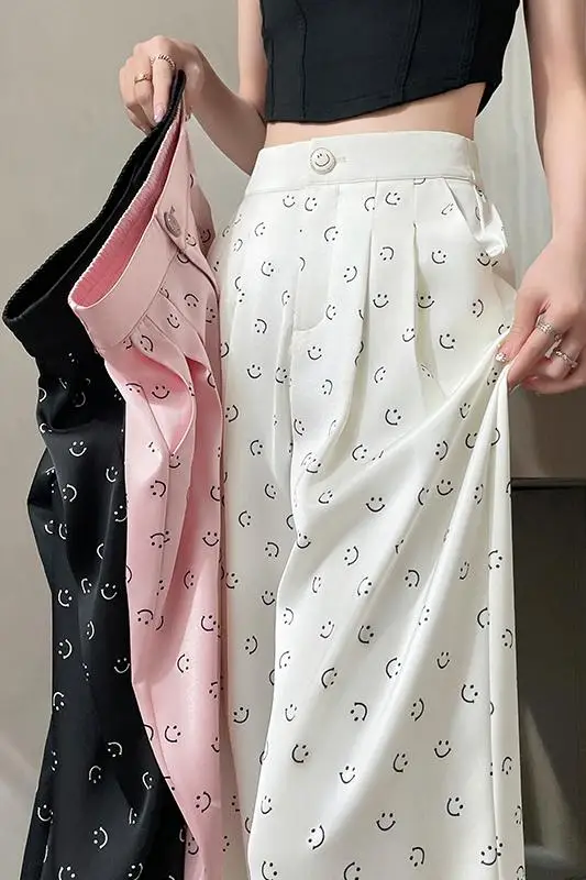 Smiling Face print Pants Pleating Women Elegant Empire Loose Minimalist Pure Korean Style Trouser Ladies Summer Design Basic