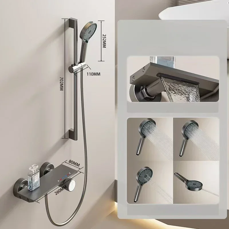 Bathroom Wall Mounted Simple Shower System Piano Key Rainlfall Pressurized Cold Hot Water Shower Faucet Full Set Space Aluminum 4