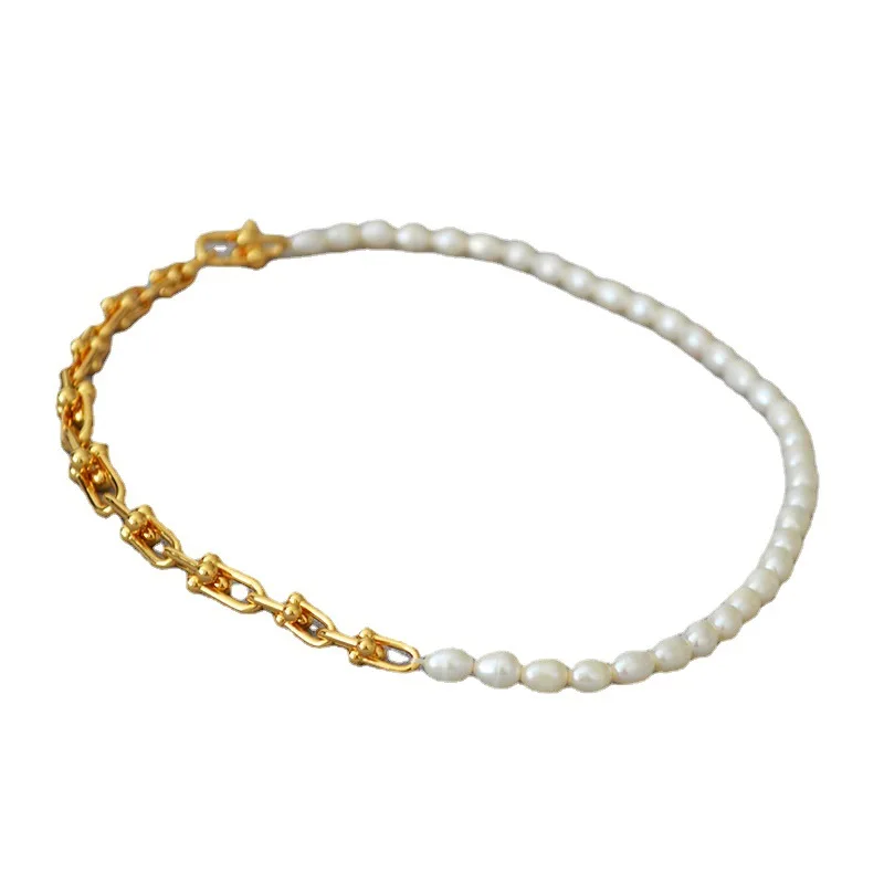 Cool Gradient U-shaped Choker INS Trendy Buckle Chain Freshwater Pearl Gold-plated Brass Necklace