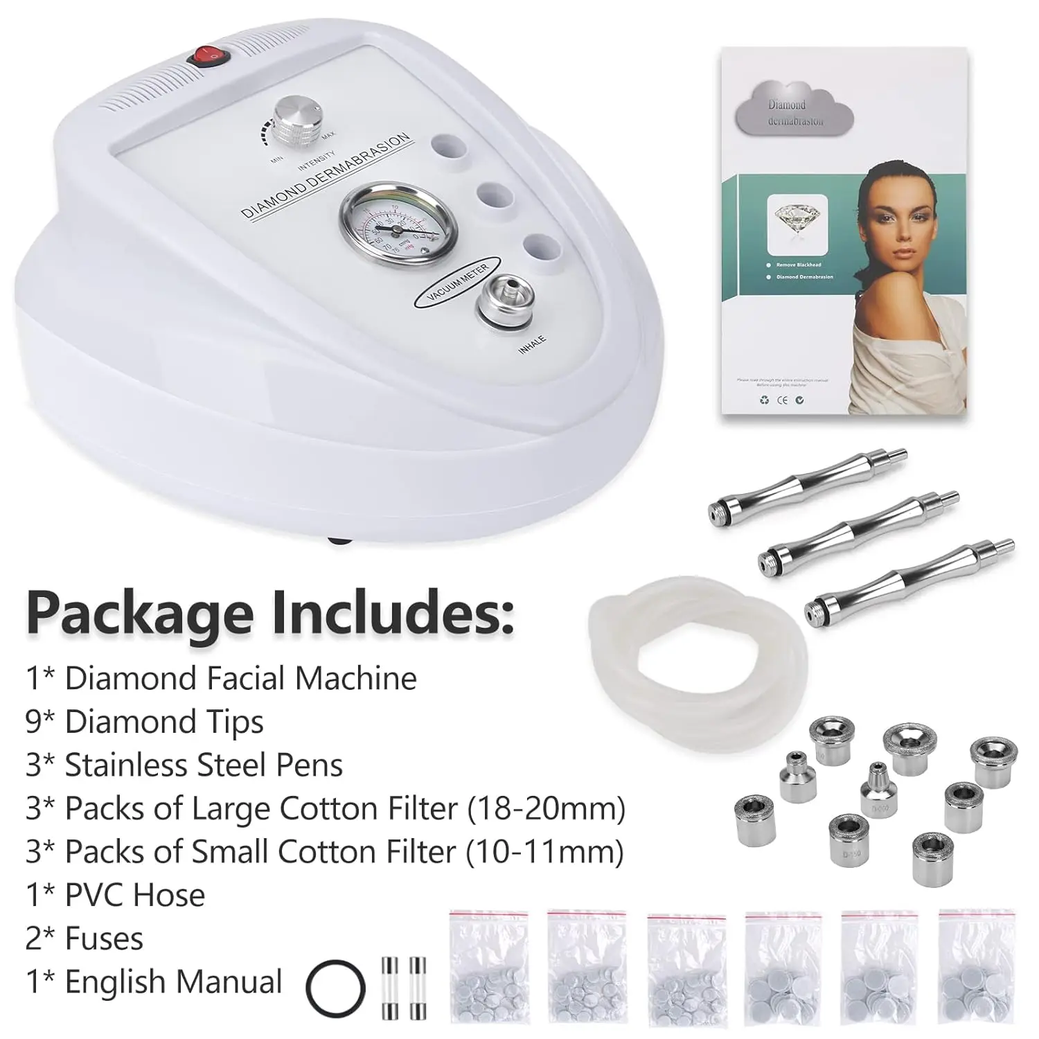 Diamond Microdermabrasion Machine, 65-68cmHg Suction Power Professional Dermabrasion for Skin Peeling Rejuvenation Lifti
