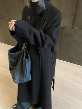 Giacche di lana cashmere da donna da ufficio doppio petto 2025 Cappotti di lana lunghi da donna con lacci larghi e colletto alla coreana autunno e inverno 1