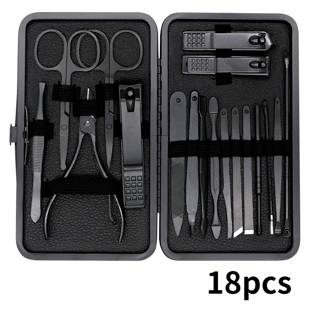 Set Nail Clippers Tools Household 18Pcs Black Stainless Steel Ear Spoon Nail Cutters Scissors Kit For Manicure Tools