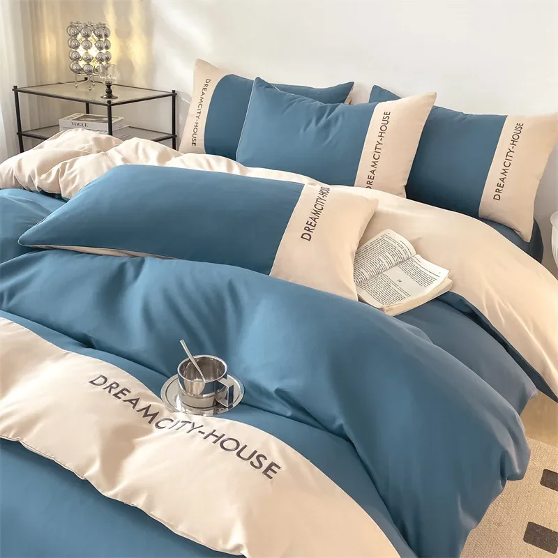 

Double Color Matching Bed Linen Set Double Stitch Embroidery Duvet Cover Bedding Set Luxury Queen King Double Bed Comforter Set