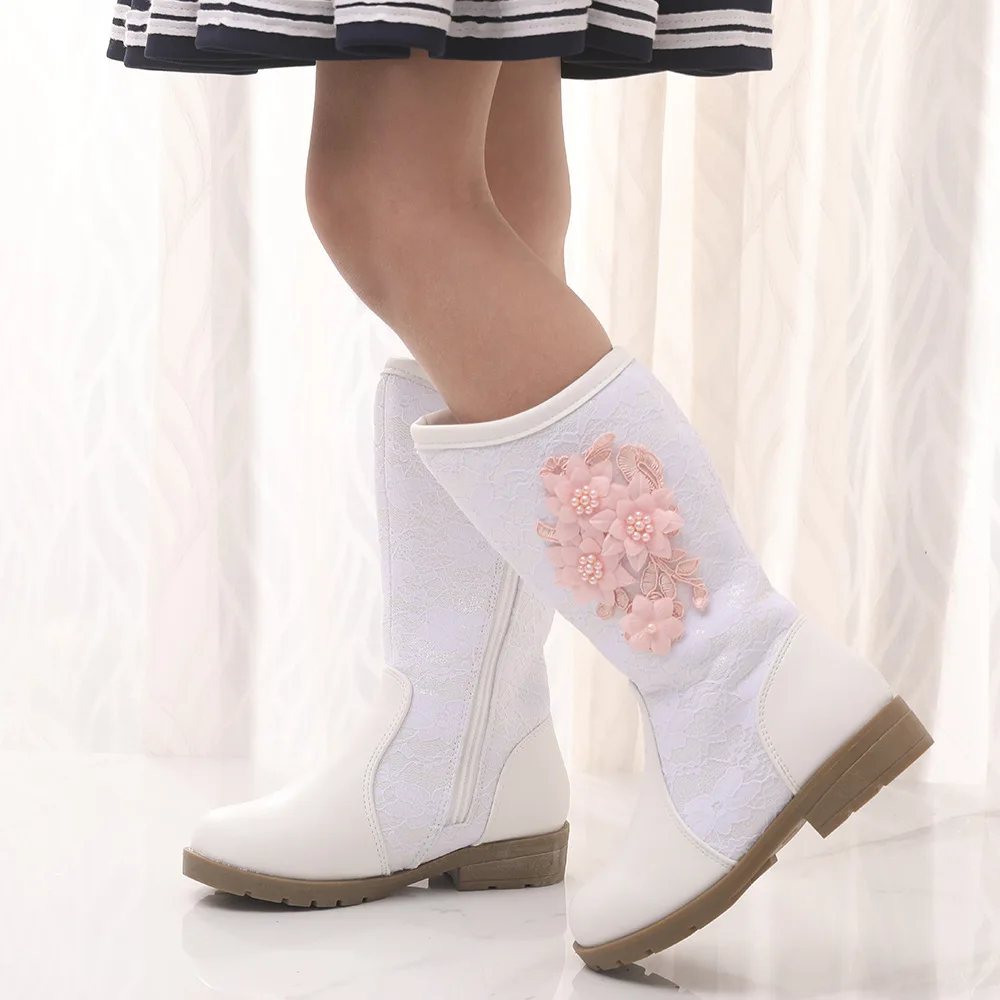 

Children Spring Winter Fashion Boots Genuine Leather Flower Appliques Beading Dress Shoes Princess Girls Flats Kids Footwear