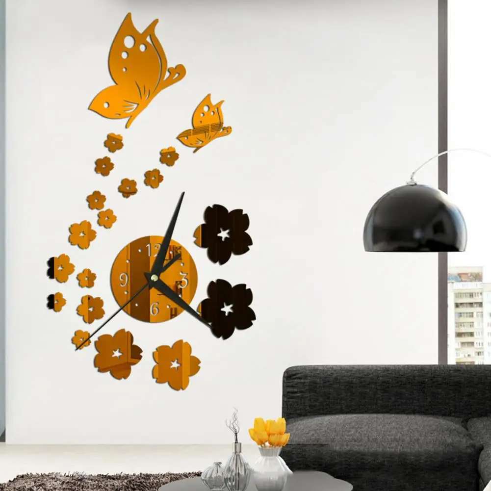 Wall clock self-adhesive battery operated long pointer 4 numbers silent 3D mirror butterfly plum blossom art clock 1 set